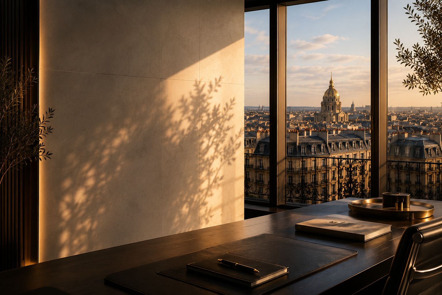 Bureau du cabinet 5K Capital Partners baigné de lumière dorée, avec vue sur les toits de Paris et le dôme des Invalides