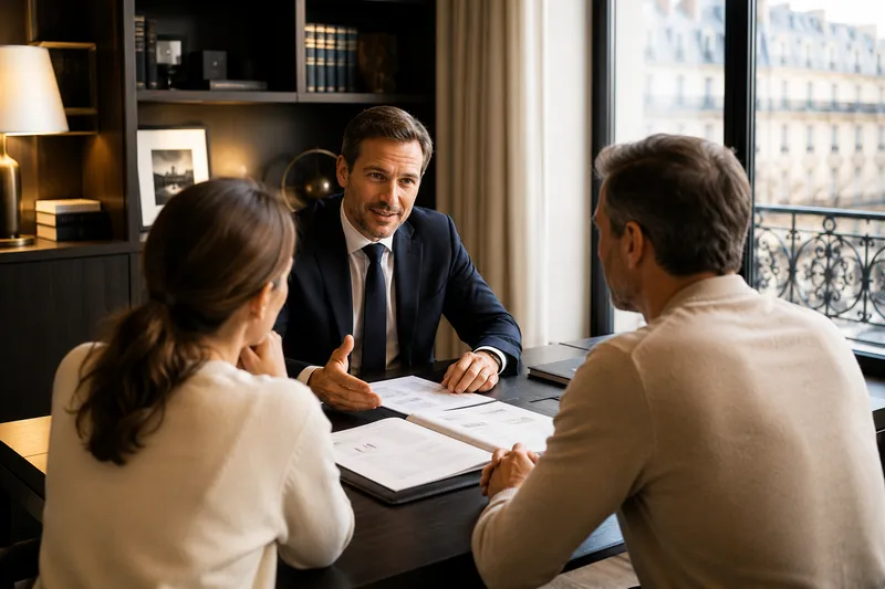 Un conseiller 5K Capital Partners reçoit un couple pour un bilan patrimonial dans un bureau haut de gamme