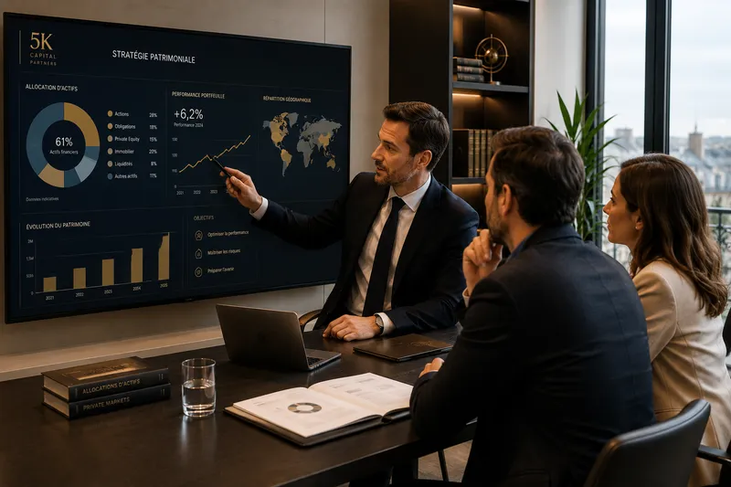 Présentation d'une stratégie patrimoniale sur grand écran devant des clients attentifs
