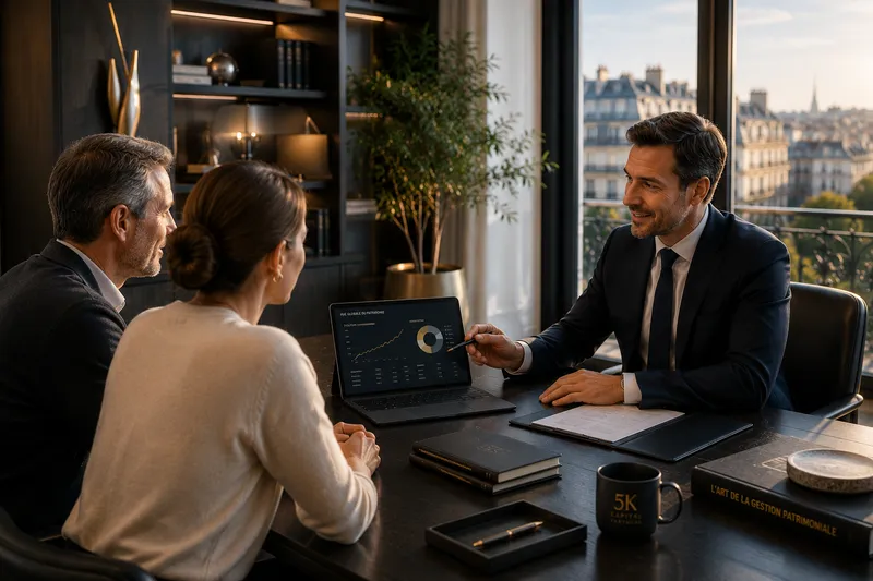 Un conseiller accompagne un couple autour d'un ordinateur affichant leur portefeuille